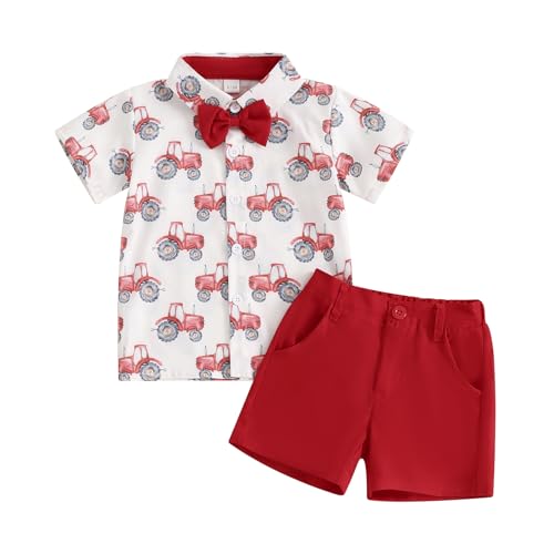 Baby Boy Farm Tractor Outfit Toddler Summer Clohes 2 Piece Short Sleeve Button Down Shirt And Shorts Set With Bowtie
