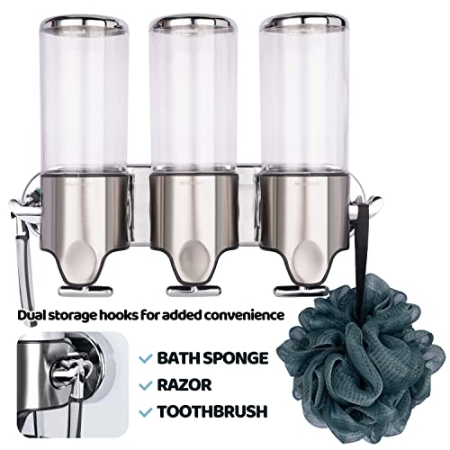 Drill Free Shampoo And Conditioner Dispenser Wall Mount, 3X15 Fl.oz. Refillable Pump Bottles, Reusable Soap, Body Wash Organizer Containers For Bathroom Shower, Stainless Steel (Clear) By Madeglad #TOP2