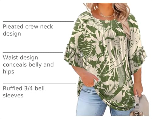 Image of Micoson Womens Plus Size Tops 3 /4 Ruffle Sleeve Crewneck Pleated Shirts