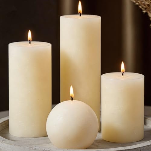 Decorative Ivory Pillar Candles Set, Rustic Unscented Candles Bul...