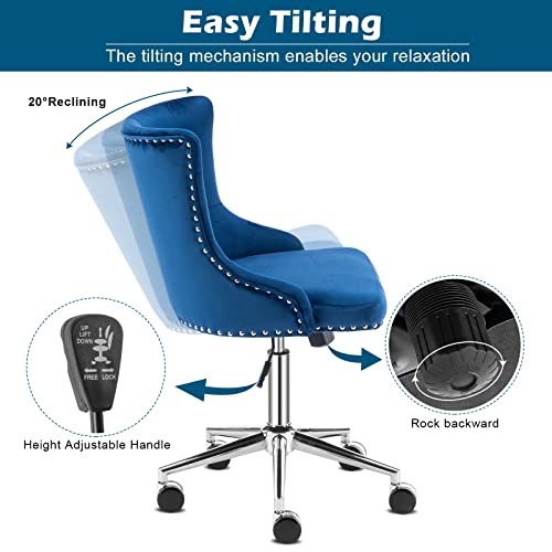 Vingli Velvet Navy Blue Swivel Home Office Chair Upholstered Bedroom Desk Chair With Wheels, Tufted Modern Office Chairs For Study Room, Blue #TOP4