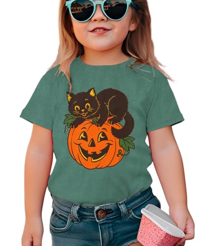 Toddler Black Cat on Pumpkin Shirt Baby Boy Girl Halloween Cat Tees Vintage Pumpkin Face Tops Kids