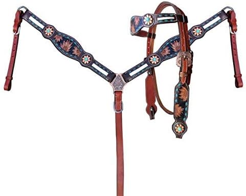 Showman Sunflower Tooled Leather Headstall & Breast Collar Set w/Cowhide Inlays & Reins