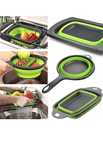 Collapsible Colanders - Set Of 3, Adjustable Over The Sink Silicone Foldable Round Fruits, Vegetable, Food Draining Colorful Baskets And Pasta Strainer With Handle For Kitchen - 6/4/2 Quarts (Green) #TOP2
