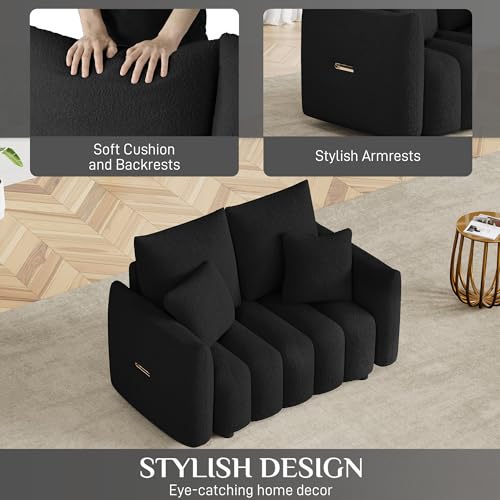 Image of OUYESSIR 56 inch Modern Sofa Couch, Comfy Deep Seat Teddy Cloud Sofa, Upholstered 2-Seater Boucle Couch, Oversized Loveseat for Living Room, Bedroom, Office, Apartment, Black