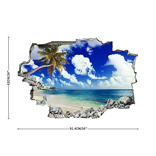 Coast Sea Sky Palm Beach Clouds Wall Decal Landscape 3D Break Through Wall Sticker Removable Pvc Funny Wall Art Decal Christmas Home Decor Vinyl Mural For Boy Kids Room Living Room #TOP2