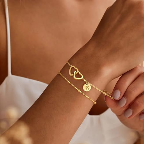 M MOOHAM Gold Initial Bracelets for Women, Dainty 14K Gold Plated Disc Initial A-Z Bracelet Jewelry, Satellite Chain Double Hearts Bracelets, Birthday Gifts for Women Mom Daughter Friend3