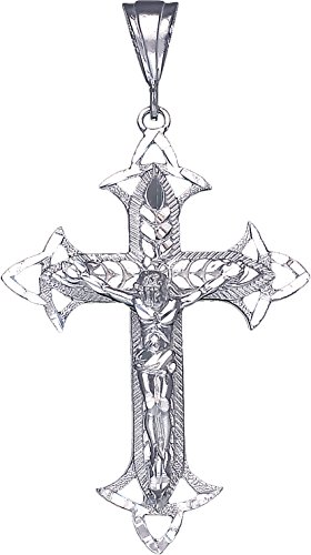 Large Sterling Silver Cross with Jesus Pendant Necklace with Diamond Cut Finish