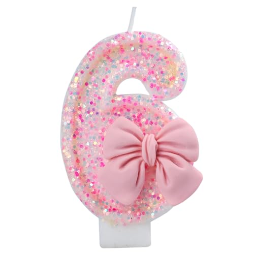 IQMLQV Pink 6 Candle,6 Bow Candle,Coquette 6 Candles,6 Candles for Birthday Cake Girl,Numero 6 para Cumpleaños de Niña,Pink Bow Birthday Decoration 6 for Party Supplies