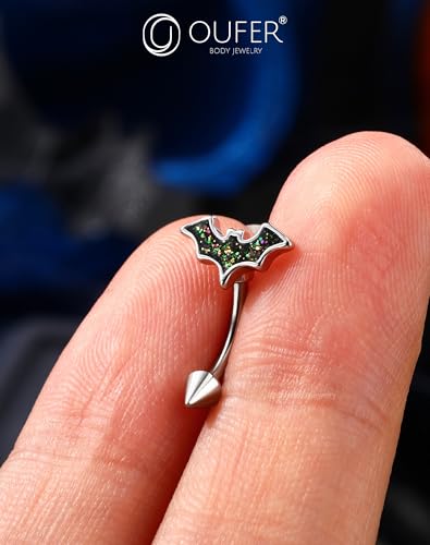 OUFER Bat Halloween Rook Piercing Jewelry, 316L Surgical Steel Eyebrow Piercing Jewelry, Multicolor Glitter Rook Earrings for Women, Hypoallergenic Eyebrow Rings, 16G 8mm Curved Barbell4