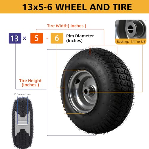 (2 Pack)13x5-6 Tubeless Riding Mower Tire and Wheel,Tubeless,3/4\" and 5/8\" Bushings, 3-5\" Centered Hub,Compatible with Riding Mowers and Garden Tractors