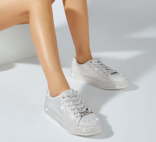 LUCKY STEP Platforma Rhinestone Moda Brokatowe Trampki | Błyszczące Błyszczące Oszałamiające Ślubne Błyszczące Buty dla Kobiet, Srebrny kryształ górski, 40 EU