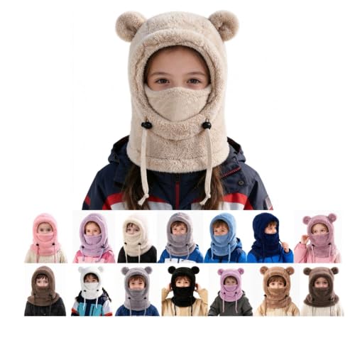 3 in 1 Toddler Balaclava Winter Fleece Neck Warmer Hats 1Beige, 3-10 Years | Kids Ski Mask, Boys Girls Plush Hood Adjustable Cap with Scarf and Mask, Outdoor Windproof Toddler Winter Hat, 3-10 Years