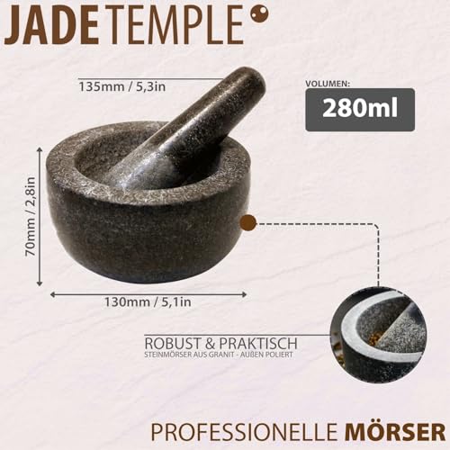Foto von JADE TEMPLE 17023 TEMPLE Steinmörser mit Stößel im Set, effektives und einfaches mörsern, aus massivem Granit mit 13 cm Durchmesser und 7 cm Höhe, Grau