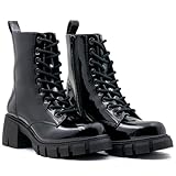MILOCACA Women's Lace Up Combat Platform Ankle Boots With Thick Sole, Side Zipper Shoes Mid Calf Booties for Lady 2301-2302 (MC-2301-BK-PAT-9)