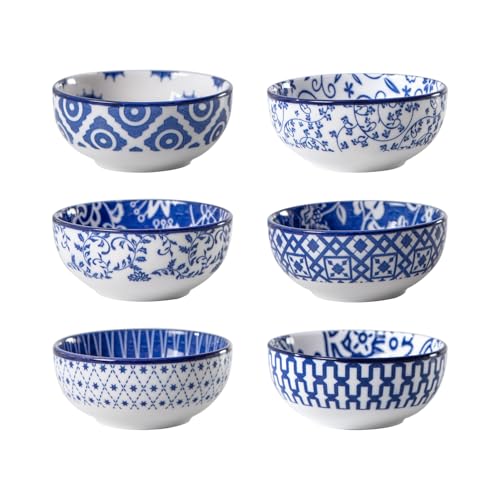 Image of Cerkik Ceramic Dipping Bowls Set - Mini 2.7 Oz Soy Sauce Dishes - 3 inch Small Side Dishes for Appetizers Charcuterie Sushi Sauce Snack Soy - Pinch Bowls for Kitchen Prep - Set of 6 - Vintage Blue