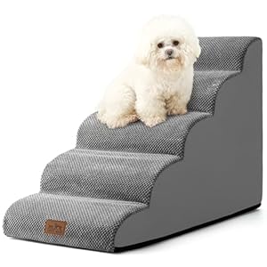 Dog Stairs for Small Dog 22.6″ H, Curved Pet Step for Puppy, Older Cat, Medium Pet Ramp for High Bed, Ladder with High Density Foam, Durable, 5 Step, 15.7x33x22.6 inch, Grey
