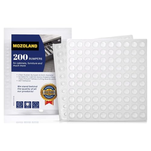 MOZOLAND 200 PCS Clear Rubber Feet Bumper Pads - Self Adhesive Sound Dampening Pads for Cabinet Doors, Glass Tops, Cutting Boards & Drawers