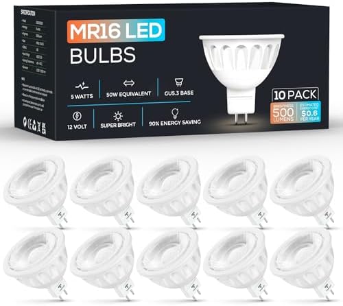 Torkase 10 Pack MR16 LED Bulbs, 5W 12V, GU5.3 Bi-Pin Base, 40 Degree Spotlight Bulb, 50 Watt Equivalent, Non-Dimmable, 500-Lumen, 6000K Cool White for Landscape Lighting, Recessed, Track Lighting