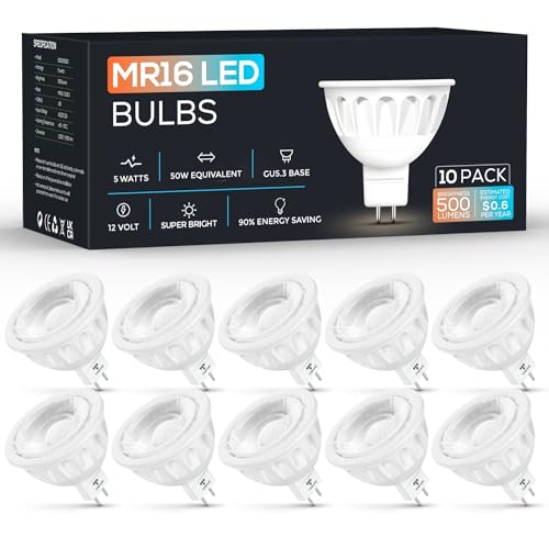 Torkase 10 Pack MR16 LED Bulbs, 5W 12V, GU5.3 Bi-Pin Base, 40 Degree Spotlight Bulb, 50 Watt Equivalent, Non-Dimmable, 500-Lumen, 6000K Cool White for Landscape Lighting, Recessed, Track Lighting by Torkase - Used condition - US$13.68