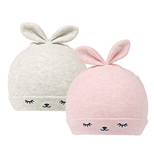 Cotton Newborn Baby Girls Hat Spring Newborn Boys Hat Cute Rabbit Infant Beanie (Gray+Pink Rabbit, 0-6M)