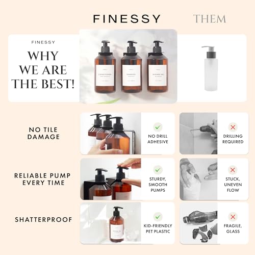 FINESSY Refillable Shampoo and Conditioner Dispenser Wall Bottles with Pump, Bathroom Body Wash Soap and Shampoo Dispenser for Shower Wall 3 Chamber No Drill, Shower Bottles Refillable with Labels by FINESSY - Image 6