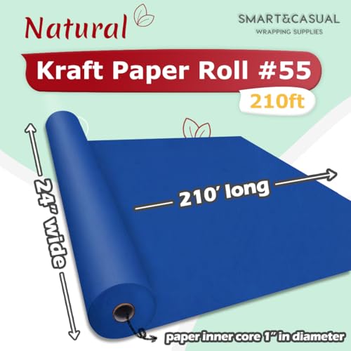 Image of SMART&CASUAL 24 inch x 2,520 inch (210') Blue Kraft Craft Paper Roll for Gift Wrapping Bulletin Board Bouquet Flower Art Packing Parcel Table Covering 80GSM 55LB (Blue, 24 inch x 210')