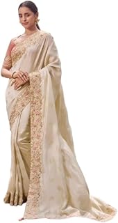 Embroidered Saree with Blouse, Cream and Pink, Floral Border Design, Traditional Indian Ethnic Wear Price In India