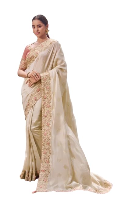 Embroidered Saree with Blouse, Cream and Pink, Floral Border Design, Traditional Indian Ethnic Wear - Review, Price and Buying Guide