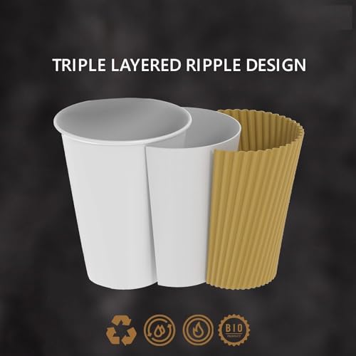 أكواب قهوة فاخرة معزولة ومموجة بنية اللون للاستخدام مرة واحدة سعة 12 أونصة [30 قطعة] مع غطاء - أكواب ورقية مموجة للمشروبات الساخنة - عبوة من 30 كوبًا وغطاء