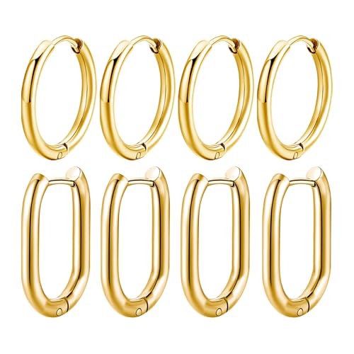 Mochity 4 Paires Boucles d'oreilles Creoles Pour Femmes, 16/18/20/21mm Creole Créoles Ovales Or Argent, Boucles d'Oreilles Ovales En Acier Inoxydable, Bijoux Femme (Or,...