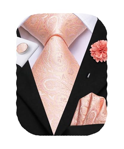 Hi-Tie Blush Pink Ties for Men Silk Paisley Mens Ties and Corsage and Boutonniere Handkerchief Cufflinks Set Classic Necktie, Coral Pink Paisley, M