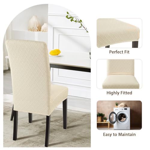 Image of SearchI Waterproof Dining Room Chair Covers Set of 4, Stretch Jacquard Parsons Chair Slipcovers Removable Washable Kitchen Chair Protector for Dining Room, Hotel, Banquet(Beige Rhombus)