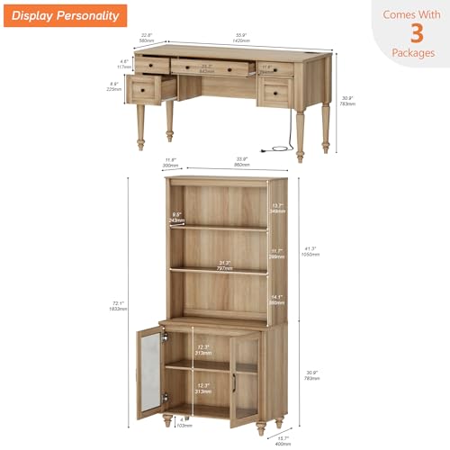 WAMPAT Home Office Furniture Set, 56\'\' Executive Desk with Charging Station, 72\" Tall Bookcase with 2 Glass Doors, Wood Computer Desk with File Cabinet Storage, Open Shelf, Oak