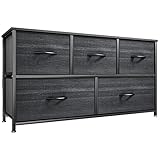 YITAHOME Dresser with 5 Drawers - Fabric Storage Tower, Organizer Unit for Bedroom, Living Room, Closets - Sturdy Steel Frame, Wooden Top (Cool Black Wood Grain)