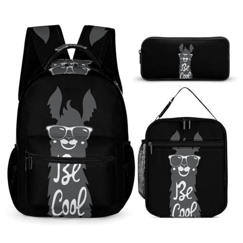 Be Cool Llamas Funny Backpack Set Lunch Bag Pencil Case Makeup Bag 3 in 1 for Men Women Travel