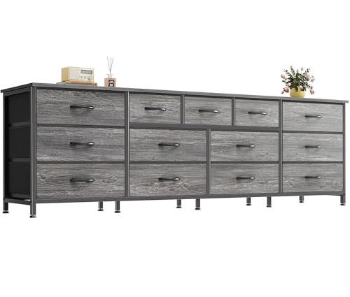 Huuger 70 Inch Dresser for Bedroom, TV Stand for 65, 75, 80 Inch TV, 13 Fabric Drawer Long Dresser, Large Entertainment Center for Bedroom, Wide Chest of Drawer with Storage, Grey