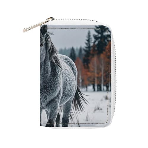 RFID Credit Card Holder Wallets for Women Cute Small Leather Ladies Cardholder Wallets Gray Horse in Winter Landscape Snowy Wilderness Card Organizer Case with Zipper