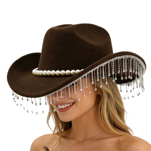 Sombrero de vaquero con diamantes de imitación, sombrero extravagante con ala ancha como tocado, sombrero de vaquera con brillantes occidentales | Para conciertos de música, bodas, vacaciones