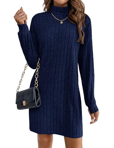 Zeagoo Polokrage klänning dam stickad klänning långärmad ribbstickad tröja klänning mysig varm höstklänning vinterklänning elegant figurnära moderiktig damklänning, Marinblå, S