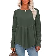 EXLURA Womens Fashion Waffle Knit Long Sleeve Shirts Crewneck Babydoll Casual Pullover Exposed Se...