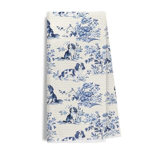 Evcprz Chinoiserie Cavalier King Charles Spaniel Kitchen Towels, Blue and White Dog Dish Tea Towel for Kitchen, King Cavalier Spaniel Grand Millenial Decorative Hand Towels for Bathroom, 16x24 Inches