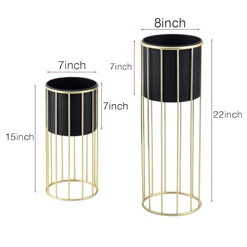 Image of Modern Metal Decorative Floor Standing White And Gold Indoor Outdoor Plant Stand With Pot For Home Decor Living Room Office Bedroom Balcony Set of 2 Flower Pots (Green)