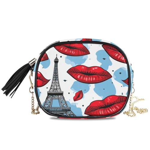 ALAZA Women's Paris Eiffel Tower Red Lips PU Leather Crossbody Bag Shoulder Purse with Tassel