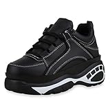  SCARPE VITA Damen Chunky Sneaker Plateau Turnschuhe Schnürer Leder-Optik Schuhe Derbe Freizeitschuhe Profilsohle 183222 Schwarz White 41