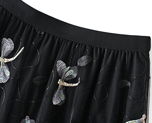 Easyoyo Saia de tule feminina plissada bordada, saia midi de malha de duas camadas com elástico e ci