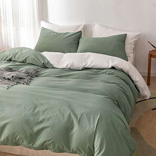 Ecocott Sage Green Duvet Cover Queen Size, 100% Washed Cotton 1 Duvet Cover With Zipper And 2 Pillowcases, Ultra Soft And Easy Care Breathable Cozy Bedding Set(Sage Green,Queen) #TOP3