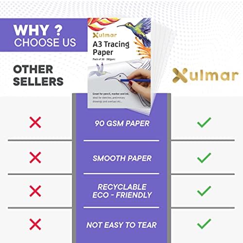 Xulmar Tracing Paper A3 90 GSM - Pack of 30 Sheets Tracing Paper for Sewing Patterns, Drawing Overlays & Sketching on Art Paper & Sketch Book