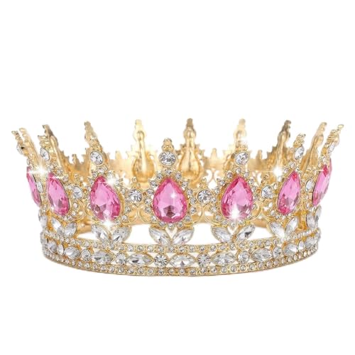 Couronne Femme Dorée – Couronne Reine en Cristal pour Anniversaire, Costume de Fête, Accessoire Élégant pour Célébration (Rose)