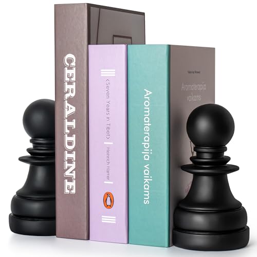 Chess Book Ends for Shelves – Elegant Decorative Bookends for Heavy Books, Office & Living Room Decor – Modern Shelf Organizer and Gift for Book Lovers by ROOKMATE (Black Mate, Pawn Duo)